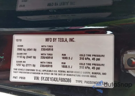 2020 Tesla Model 3 Standard Range Plus Rear-Wheel Drive/Standard Range Rear-Wheel Drive from USA, damaged, VIN 5YJ3E1EA3LF606386